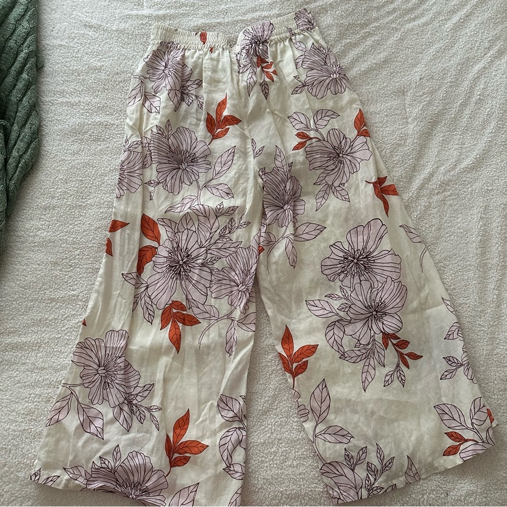 RACHEL ROY Women’s 100% Linen Wide Leg Pants Floral Size M Beach Coastal